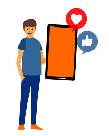 man, smartphone and various icons in a bubble next to itのイラスト素材