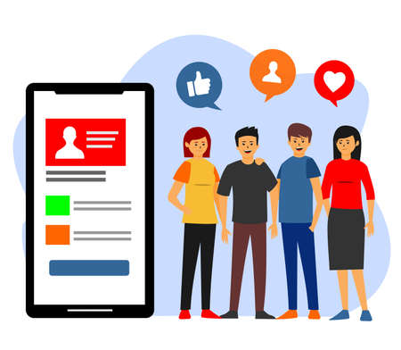 a collection of young people, smartphones and various icons on it