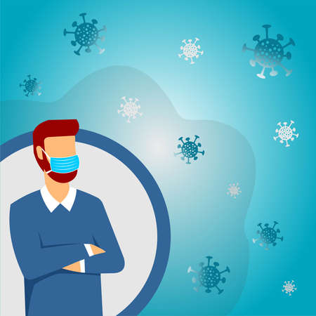 a man wearing a mask inside a circle and a virus icon around itのイラスト素材