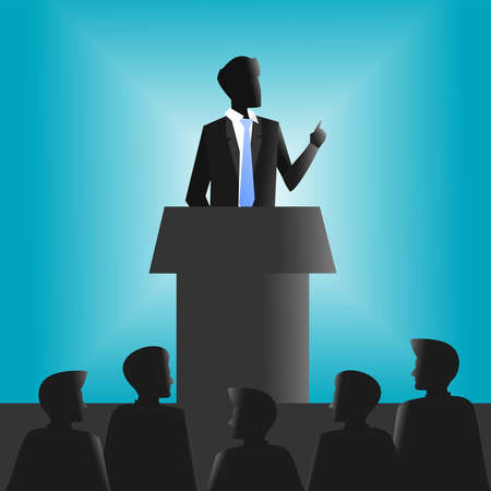 a picture of several business people under the stage and one on the stageのイラスト素材