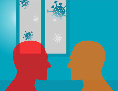 two transparent heads face to face and a virus icon outside the windowのイラスト素材