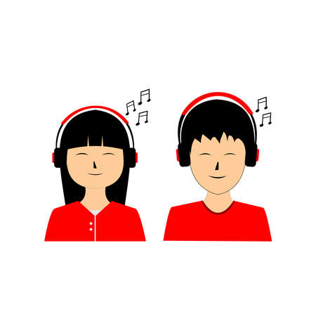 boys and girls listen to music from headphonesのイラスト素材