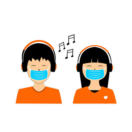 boys and girls listen to music and wear masksのイラスト素材