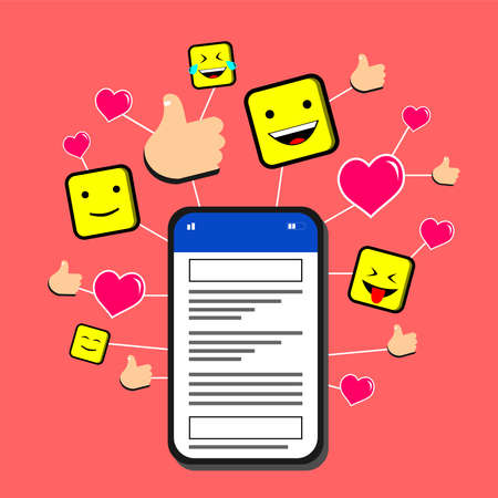 Draw a cell phone and some vector icons like yellow emoticons and loveのイラスト素材