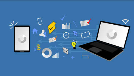 illustration of moving various icons from laptop to smart phoneのイラスト素材