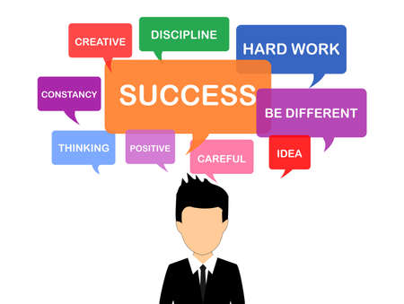 a picture of an entrepreneur and a few words about achieving success in a buble on itのイラスト素材