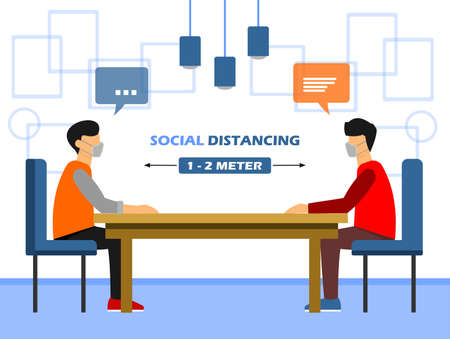 two men sitting in a cafe and wearing masks showing social distancingのイラスト素材