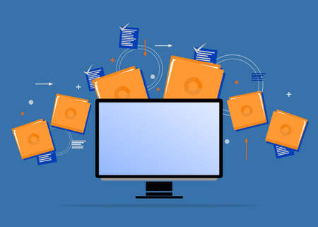 a picture of a computer and several document foldersのイラスト素材