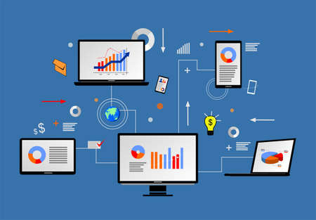 image of a laptop computer, a smart phone, a tablet, and some icons and symbolsのイラスト素材