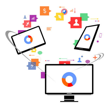 image of tablet computer and smart phone and some icons in transparent bubleのイラスト素材