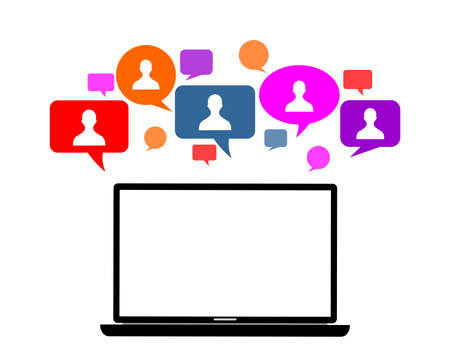 a laptop and some people icon in a colorful bubble on itのイラスト素材