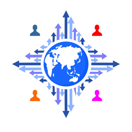 earth and arrow and several multicolored people icons around itのイラスト素材