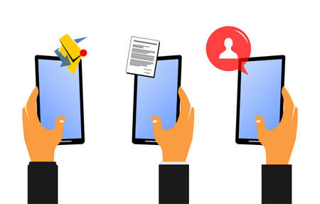 some smartphones are held by hand and various icons on itのイラスト素材