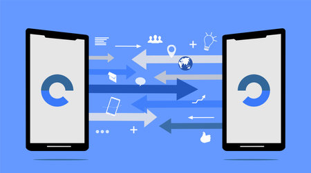 Vector image of two smartphones and arrows and iconsのイラスト素材