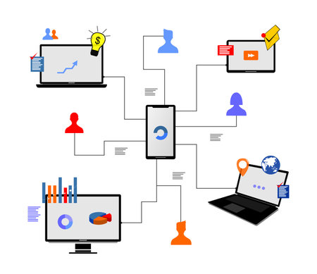pictures of laptop computers, smart phones, tablets and various icons around itのイラスト素材