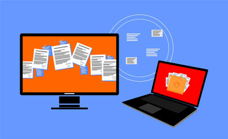 pictures of computers and laptops and documents on themのイラスト素材