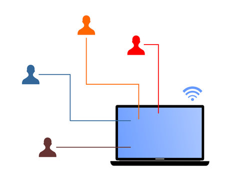 laptop and a few people icons on the top and sideのイラスト素材