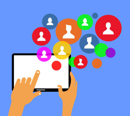 hand squeezed the tablet and the icon of the person in the bubble of various colors on itのイラスト素材