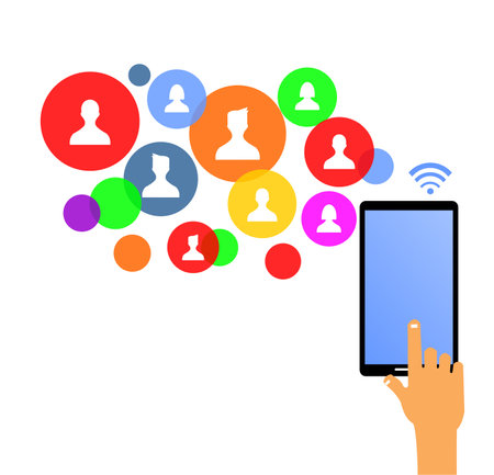 hands squeeze the smartphone and the icon of the person in the colorful bubble next to itのイラスト素材