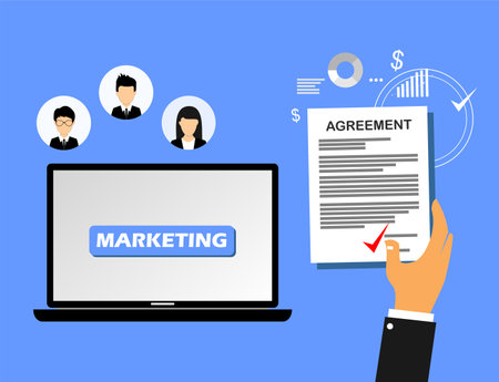 laptops and business men and women and paper documents in handのイラスト素材