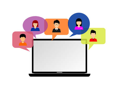a laptop and several kinds of people in a colorful bubble on itのイラスト素材