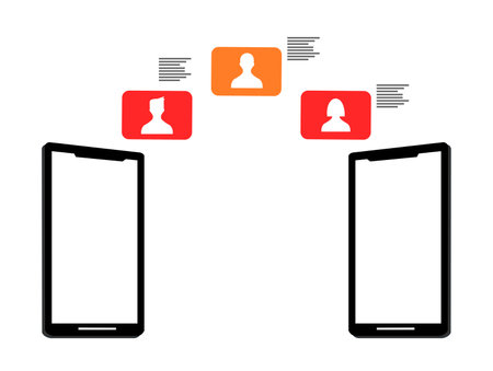 two smartphones and several iconic people in a colorful box bubble on itのイラスト素材