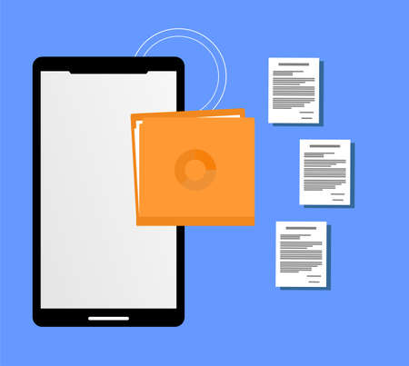 smartphone images and folders and some documents next to themのイラスト素材