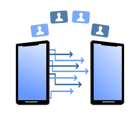 two smartphones and some icon of the person in the bubble box above itのイラスト素材