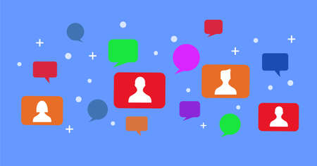 Several people icons in several colorful box bubblesのイラスト素材