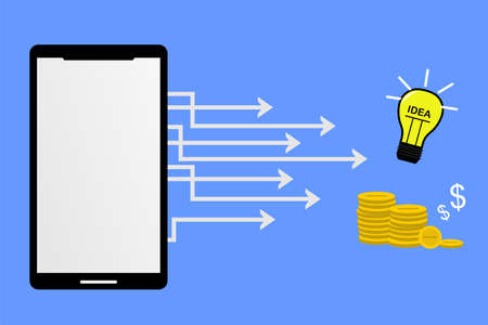 pictures of smartphones, arrows and light bulbs and coinsのイラスト素材