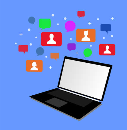 a picture of a laptop and several iconic people in a colorful bubble on itのイラスト素材