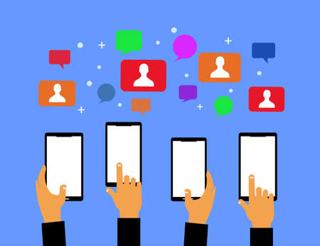 several hands and a smartphone and the icon of the person in the bubble box is various colors on itのイラスト素材