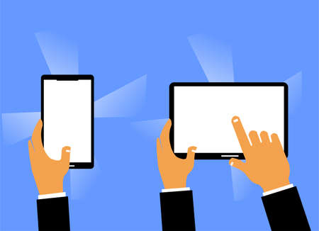 image of a hand holding a smartphone and the other hand squeezing the tabletのイラスト素材