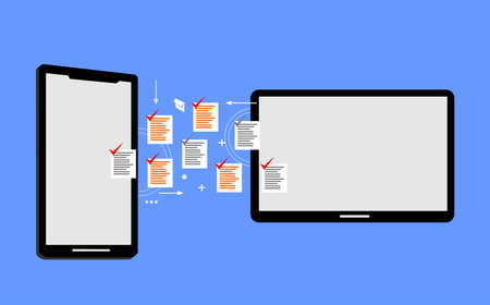 some paper documents in the middle of the smartphone and tabletのイラスト素材