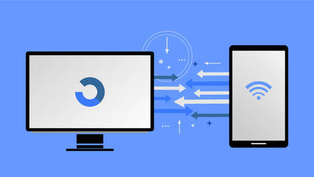 draw a few arrows in the middle of the computer and smartphoneのイラスト素材