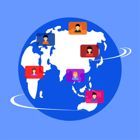 a picture of the earth and some people in a colorful box bubble in the middleのイラスト素材