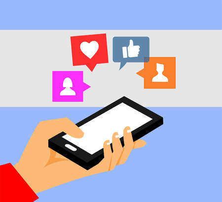 hand holding cellphone and various icons on itのイラスト素材