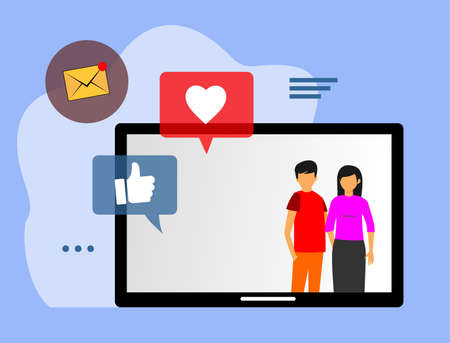 two people on the tablet and various icons next to itのイラスト素材