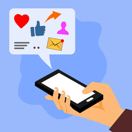 hand holding a smartphone and various icons in a bubble on itのイラスト素材