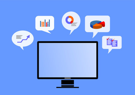 a picture of a laptop and some graphic icons in a bubble on itのイラスト素材