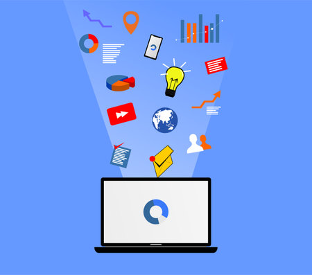 a picture of a laptop and various icons on itのイラスト素材