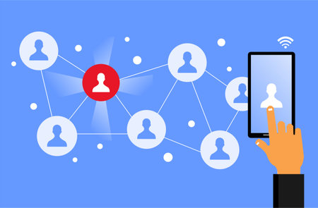 a hand drawing touching a smart phone and several icons of people in a circle and one of them is redのイラスト素材