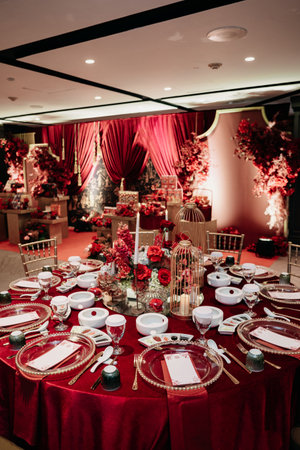 luxury wedding dining table and chair decoration with flowers and candles 4の写真素材