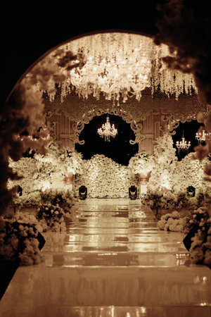 luxurious and elegant wedding altar decoration with white roses and dim lights 2の写真素材