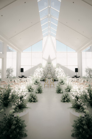 wedding altar decoration with a white rose theme looks luxuriousの写真素材