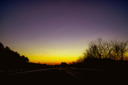 sunset view on the highway with treesの写真素材