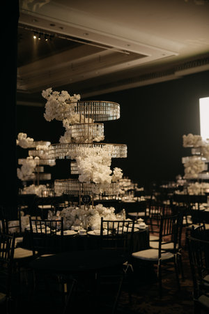 luxury wedding dining table decoration with white roses and dim light 1の写真素材