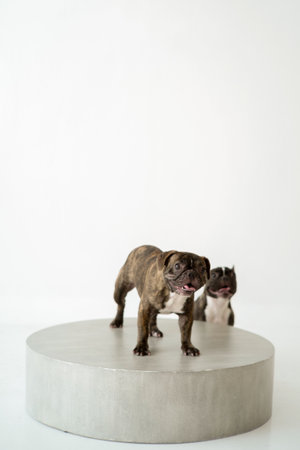 bulldog standing on round stageの写真素材