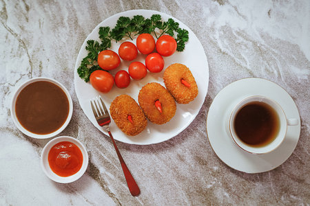 delicious croquette snack food with tomatoes and vegetables on a plate with chili sauce on a marble...