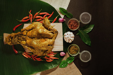 whole free-range chicken cooked with natural spices and served on a banana leaf with onions and chili sauce. Traditional Javanese dish food (2)の写真素材